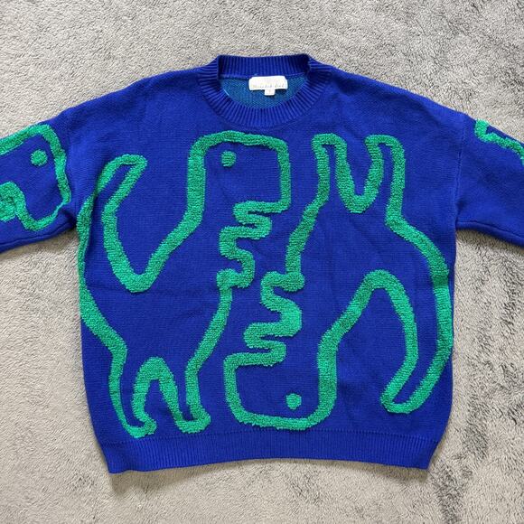 Threaded Leaf Dinosaur Knit Sweater Blue Pullover Womens S - Picture 1 of 8